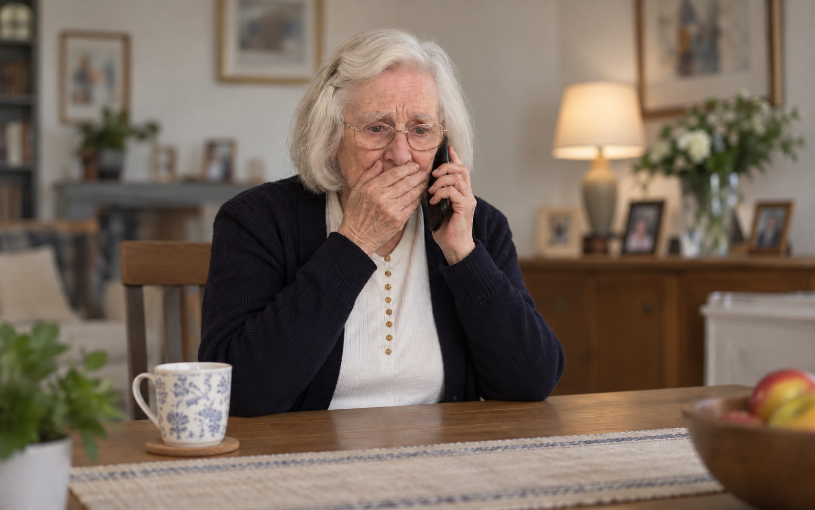 An older woman listening to a phone call at home