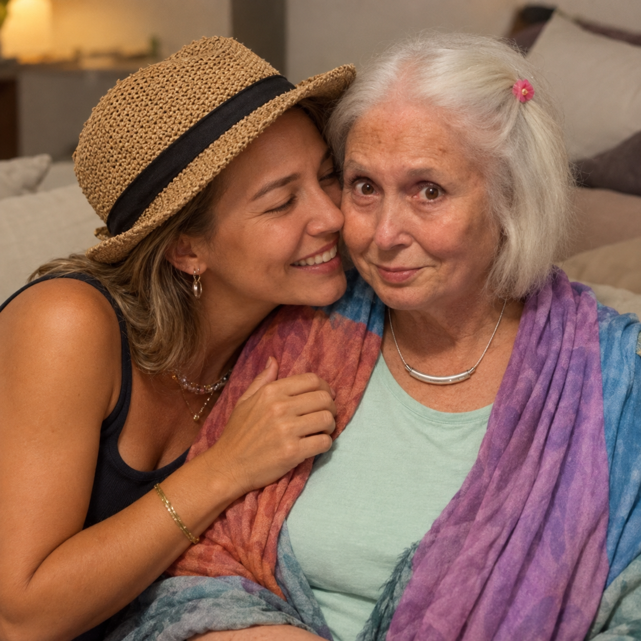 Two women sharing a close moment, with one wearing an ENAWA PENDANT